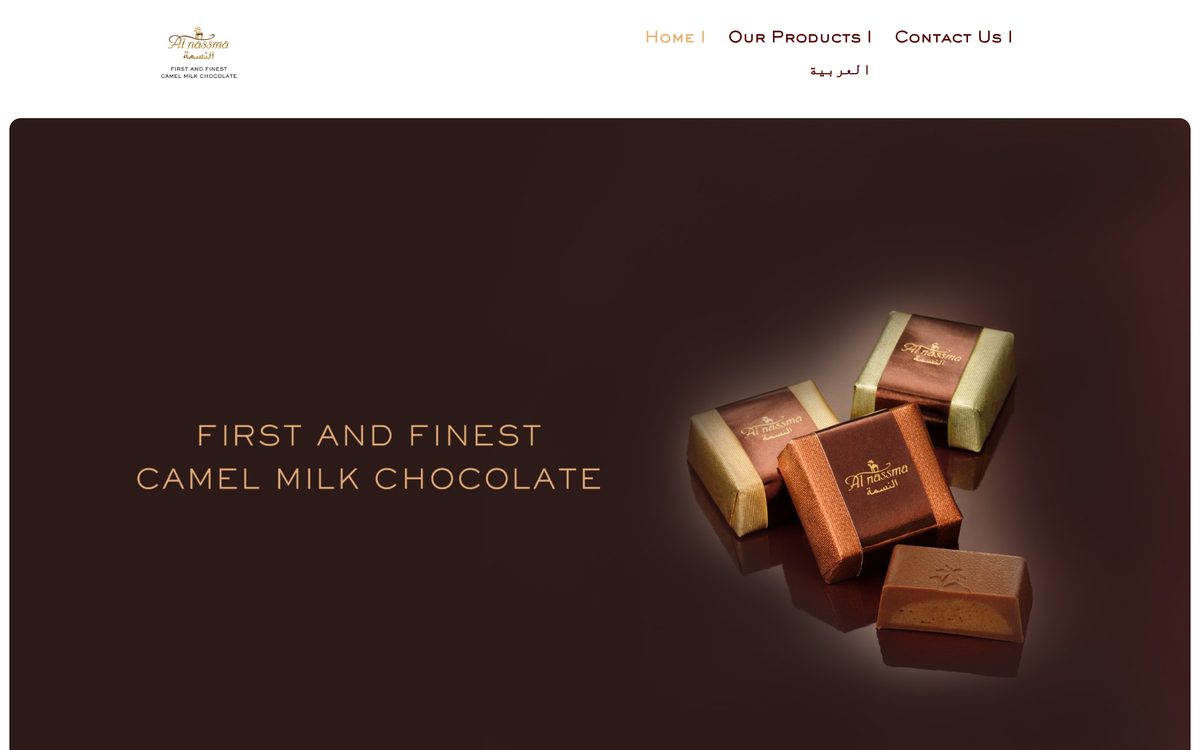 Al Nassma homepage showing the first and finest camel milk chocolate made in Dubai