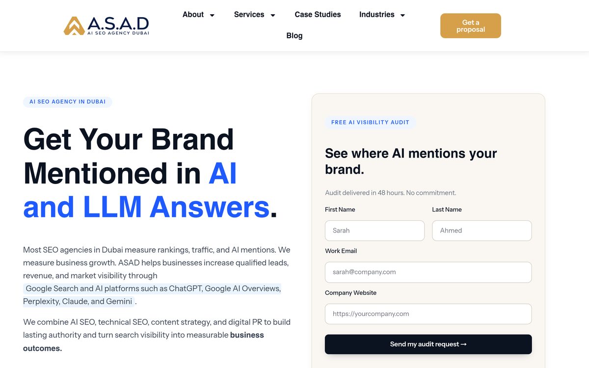 ASAD homepage, an AI SEO agency in Dubai that gets brands mentioned in AI and LLM answers