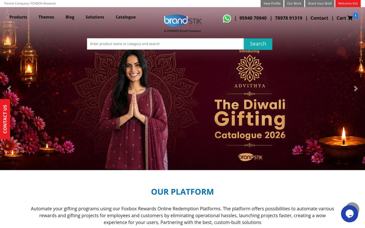 BrandSTIK homepage showing its Diwali gifting catalogue and rewards platform