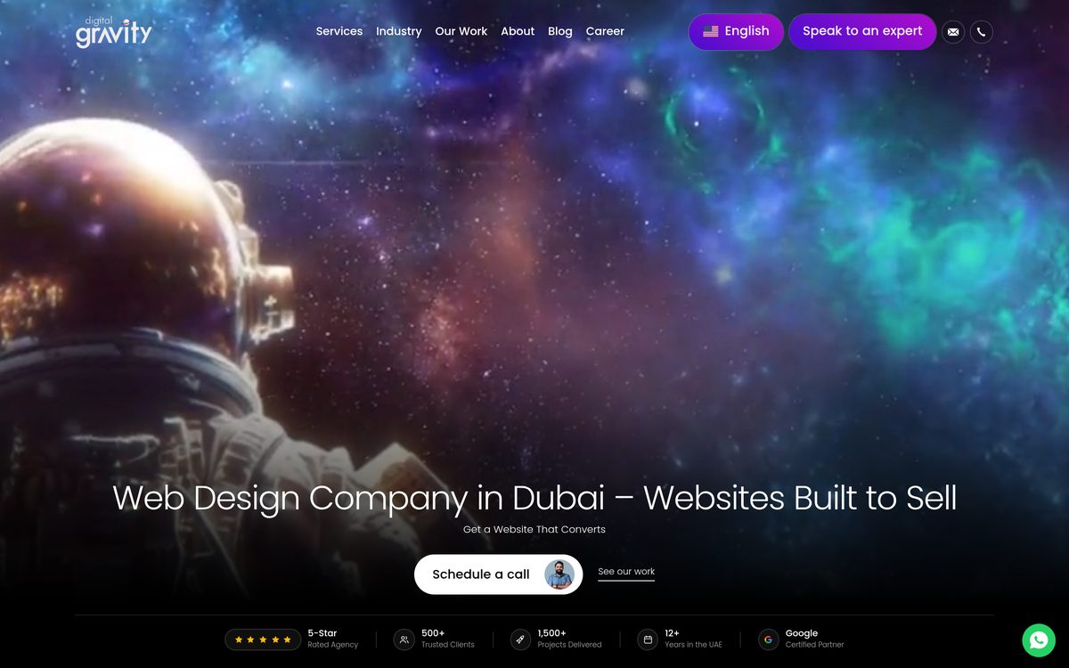 Digital Gravity homepage, a Dubai web design and SEO agency with more than 12 years in the UAE