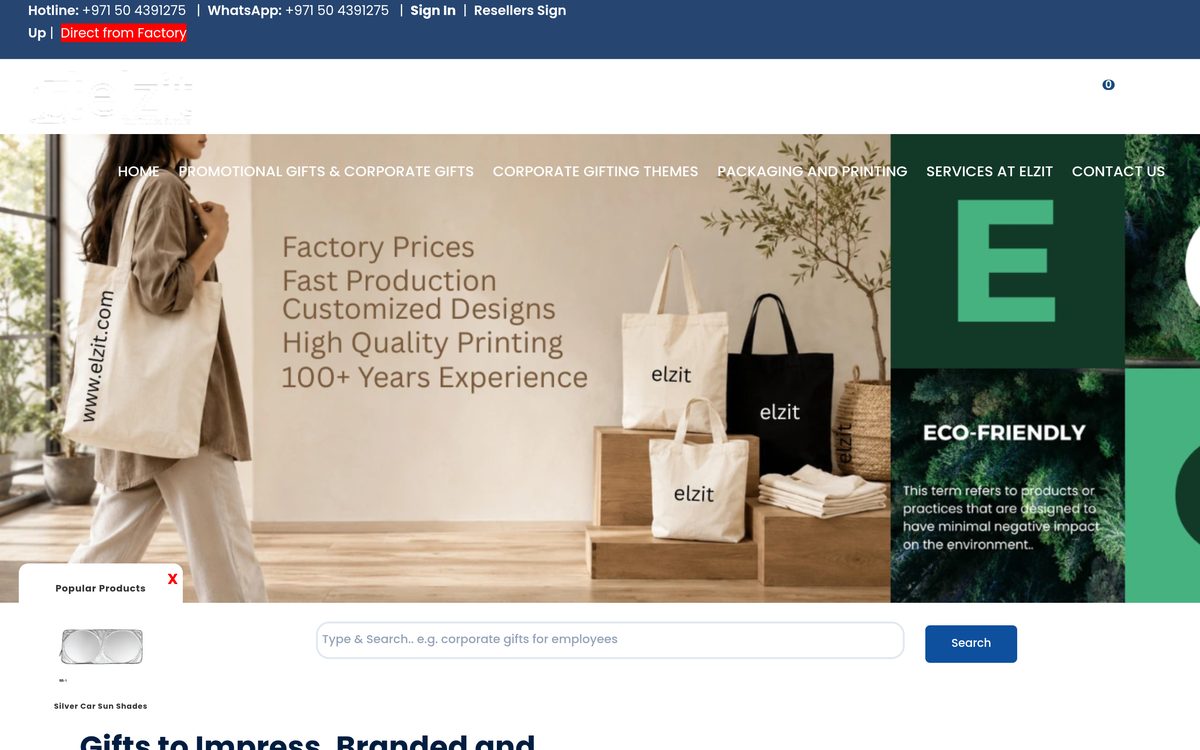 Elzit homepage showing eco friendly tote bags and factory price corporate gifts in Dubai