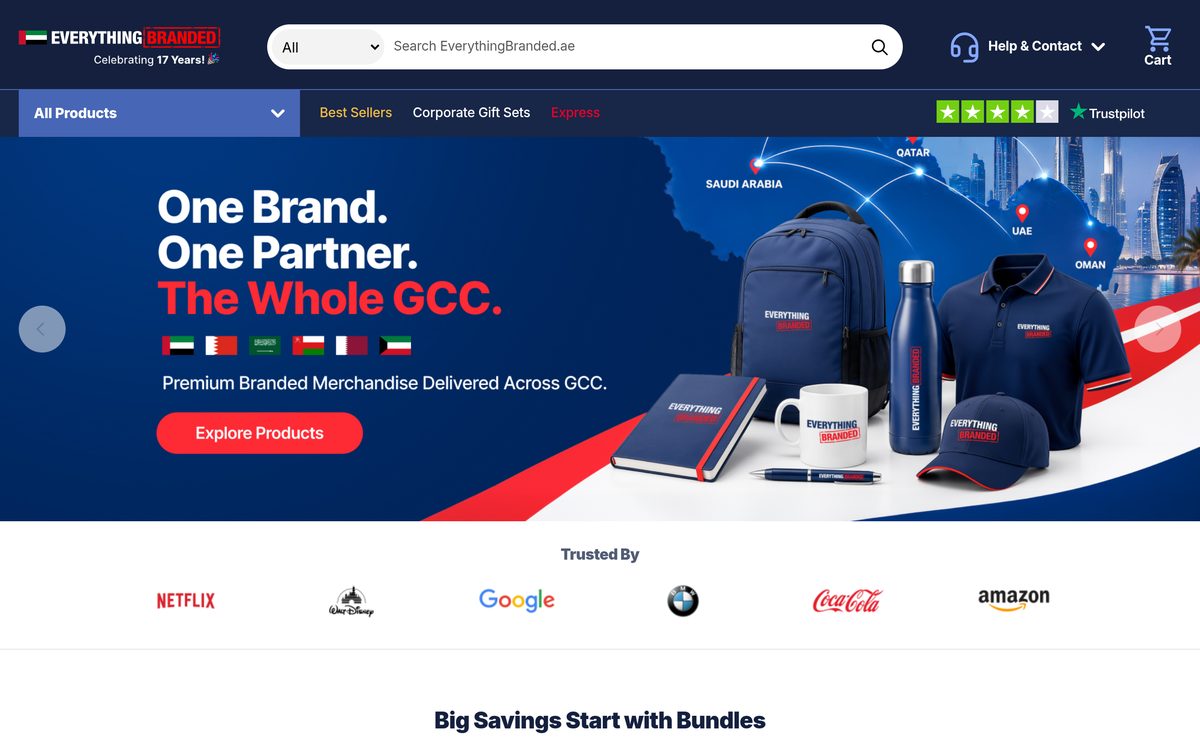 EverythingBranded UAE homepage showing branded merchandise delivered across the GCC