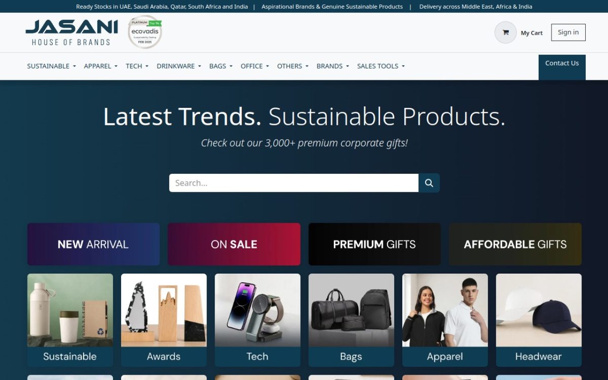 Jasani corporate gifting company homepage showing its catalogue of more than 3,000 corporate gifts