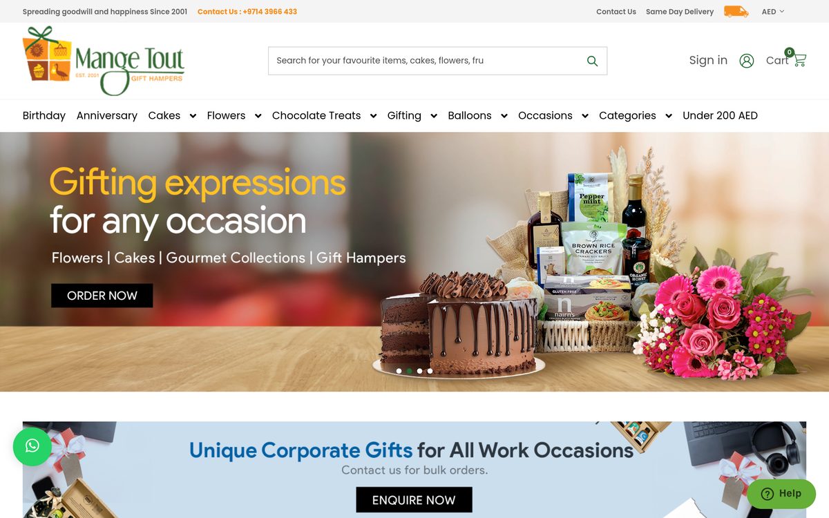Mange Tout homepage showing gift hampers, cakes and flowers with same day delivery in the UAE