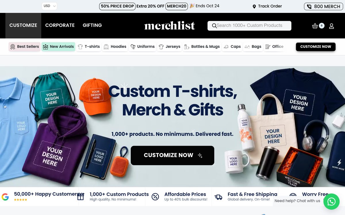Merchlist homepage showing custom T-shirts, hoodies and corporate gifts with no minimum order