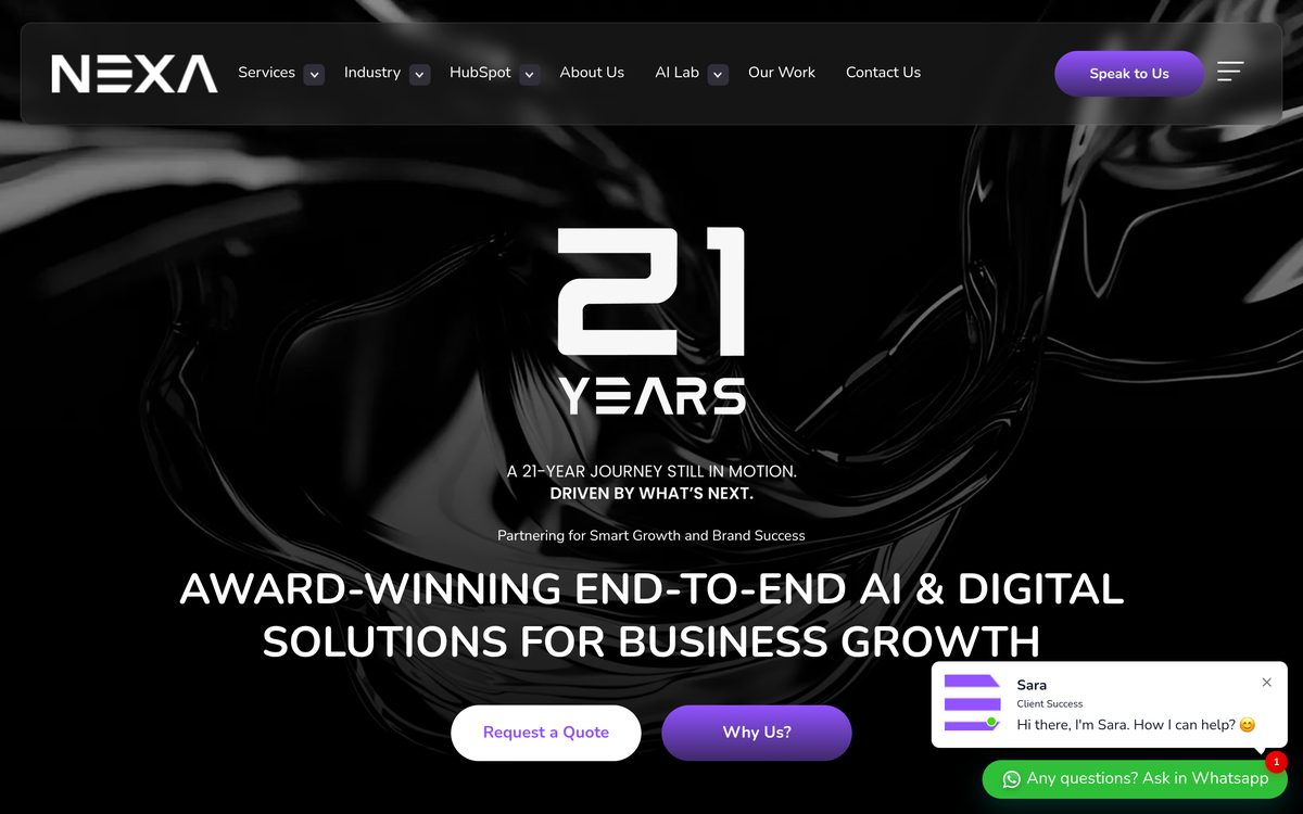 Nexa homepage marking 21 years of the Dubai digital agency and its AI and digital solutions