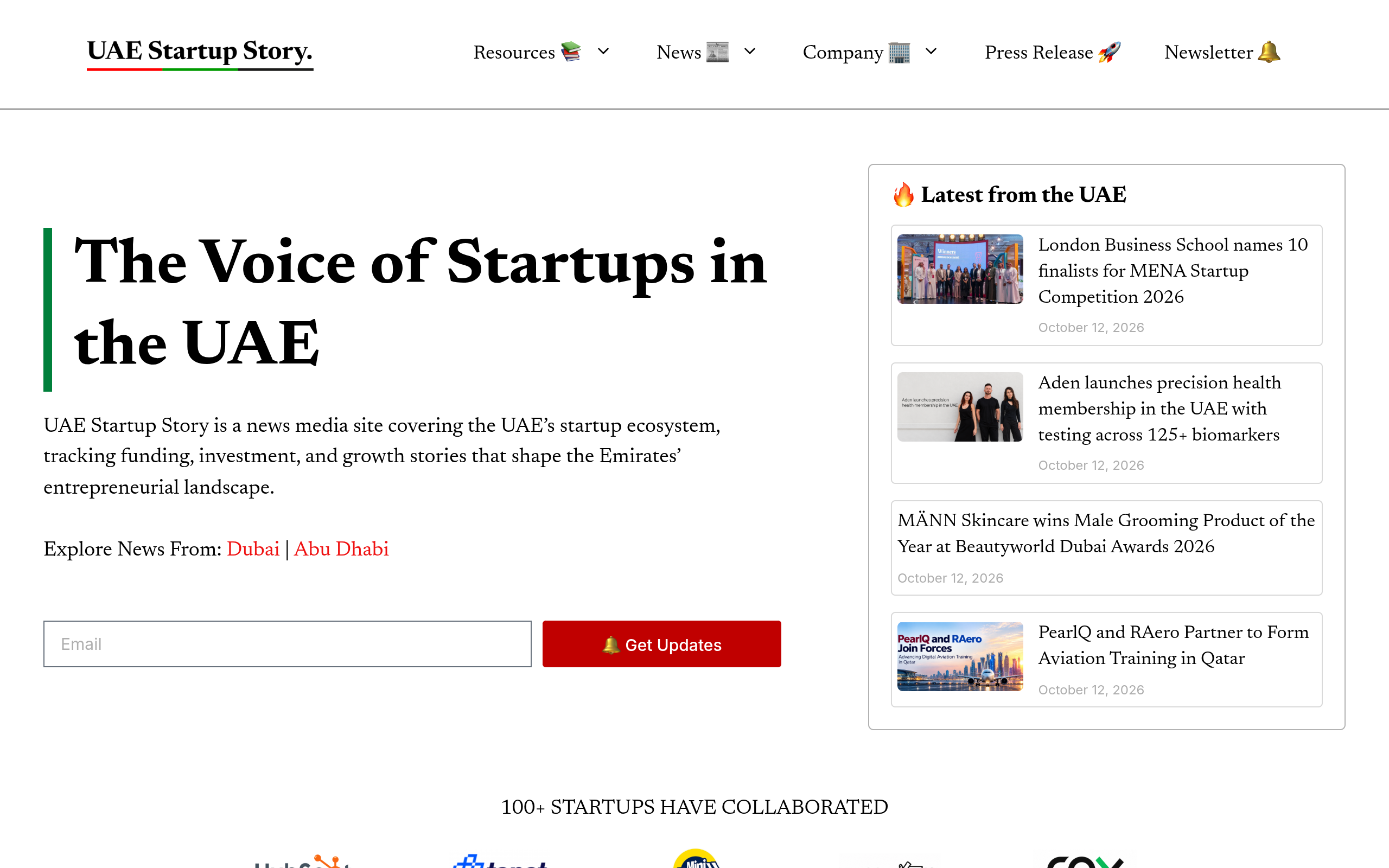 Screenshot of the UAE Startup Story homepage