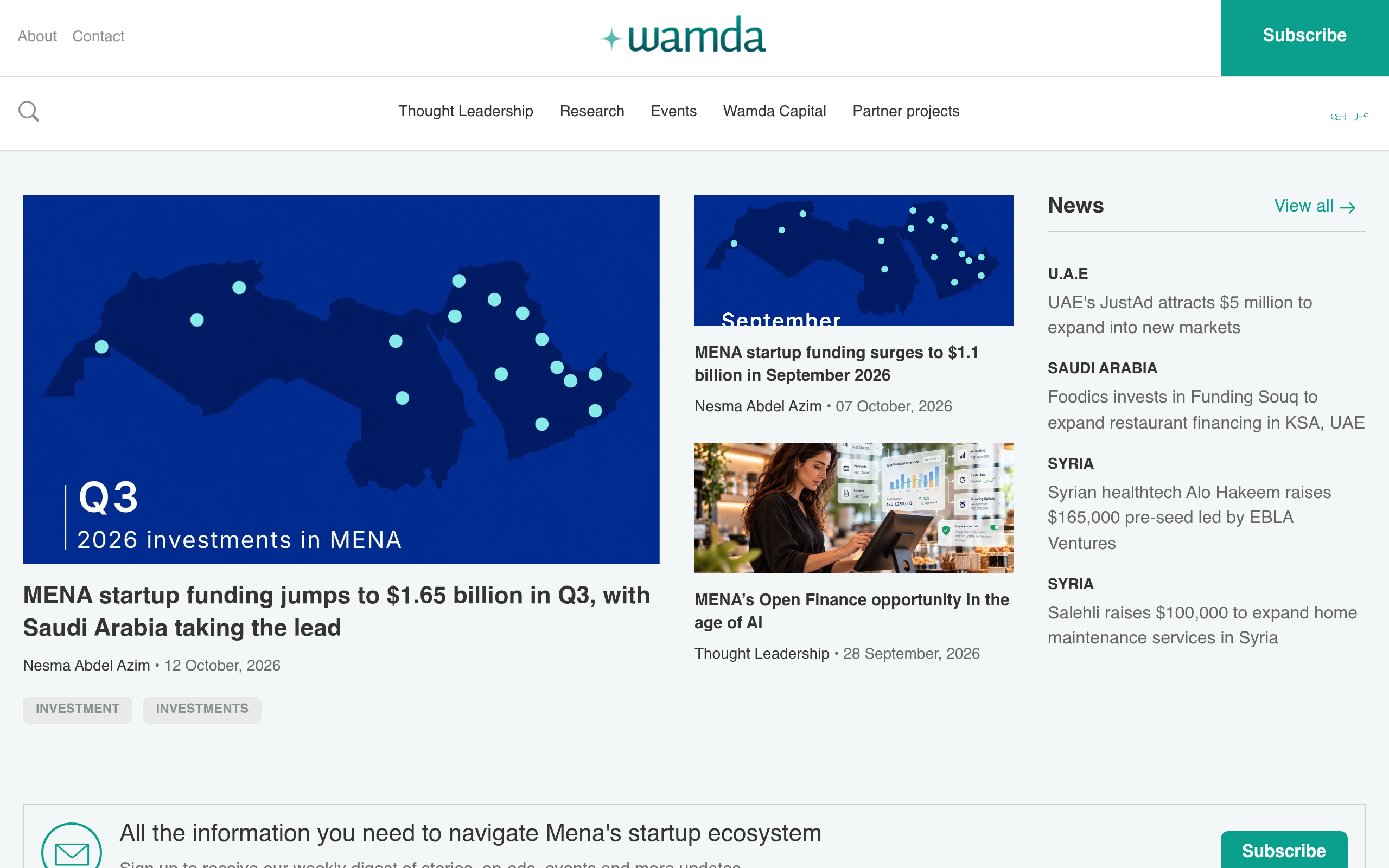 Screenshot of the Wamda homepage