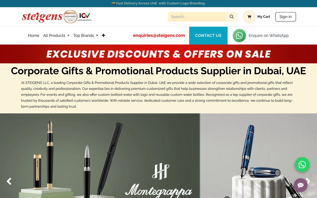 Steigens homepage showing premium branded corporate gifts and Montegrappa pens