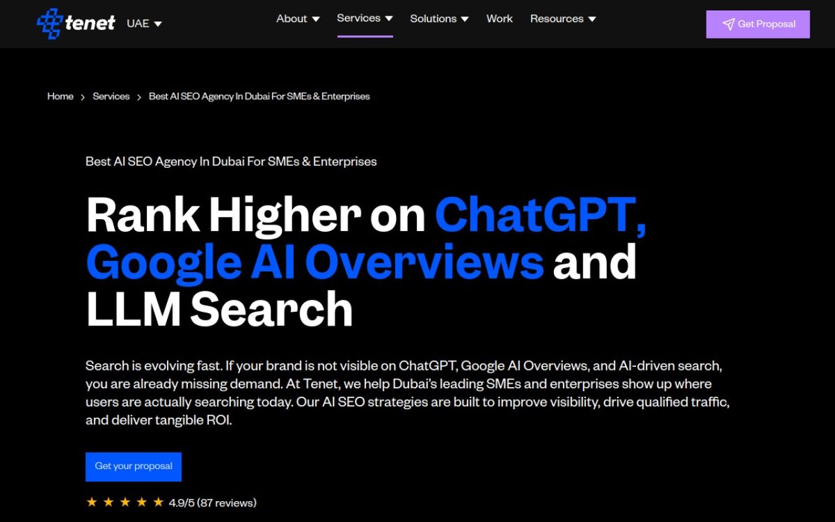 Tenet AI SEO services page showing how the agency ranks brands on ChatGPT, Google AI Overviews and LLM search