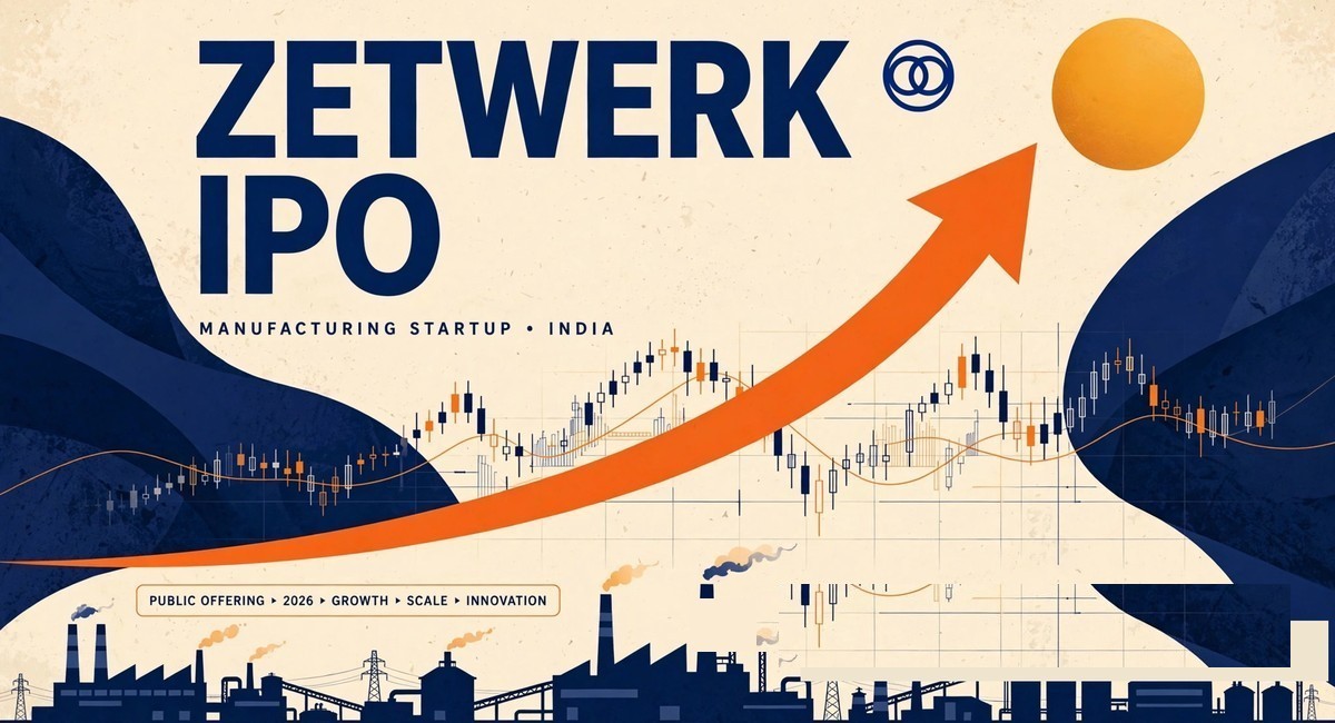 Editorial graphic for Zetwerk IPO with rising market arrow and manufacturing skyline